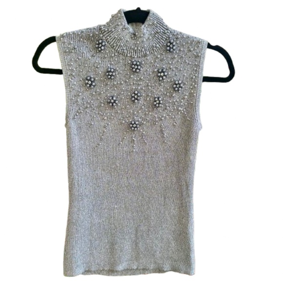NWT Lauren Michelle Silver Metallic Mock Neck Beaded Sleeveless Tank Sz. Small - Picture 2 of 13